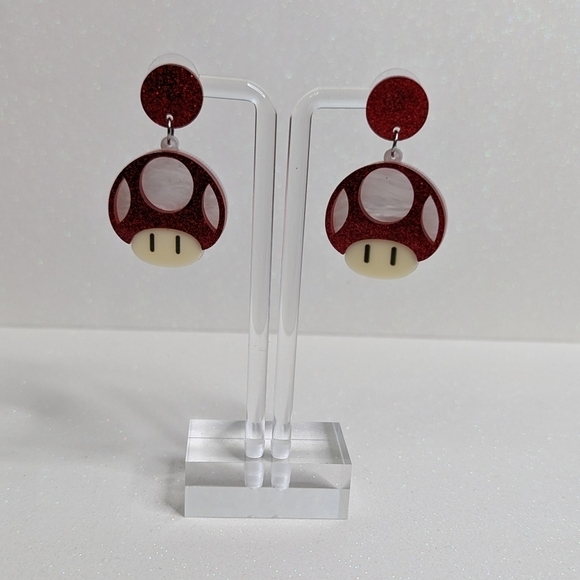 Toad Mario Bros Mushroom Red Glitter Acrylic Drop Earrings - Picture 3 of 6
